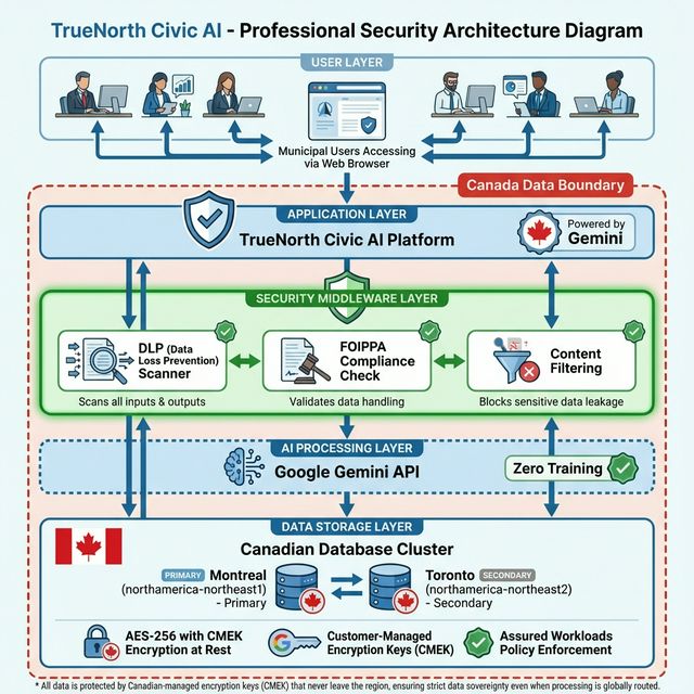 TrueNorth Civic AI Security Architecture Diagram showing Canadian Data Sovereignty, Customer-Managed Encryption Keys (CMEK), DLP scanning, and FOIPPA compliance layers